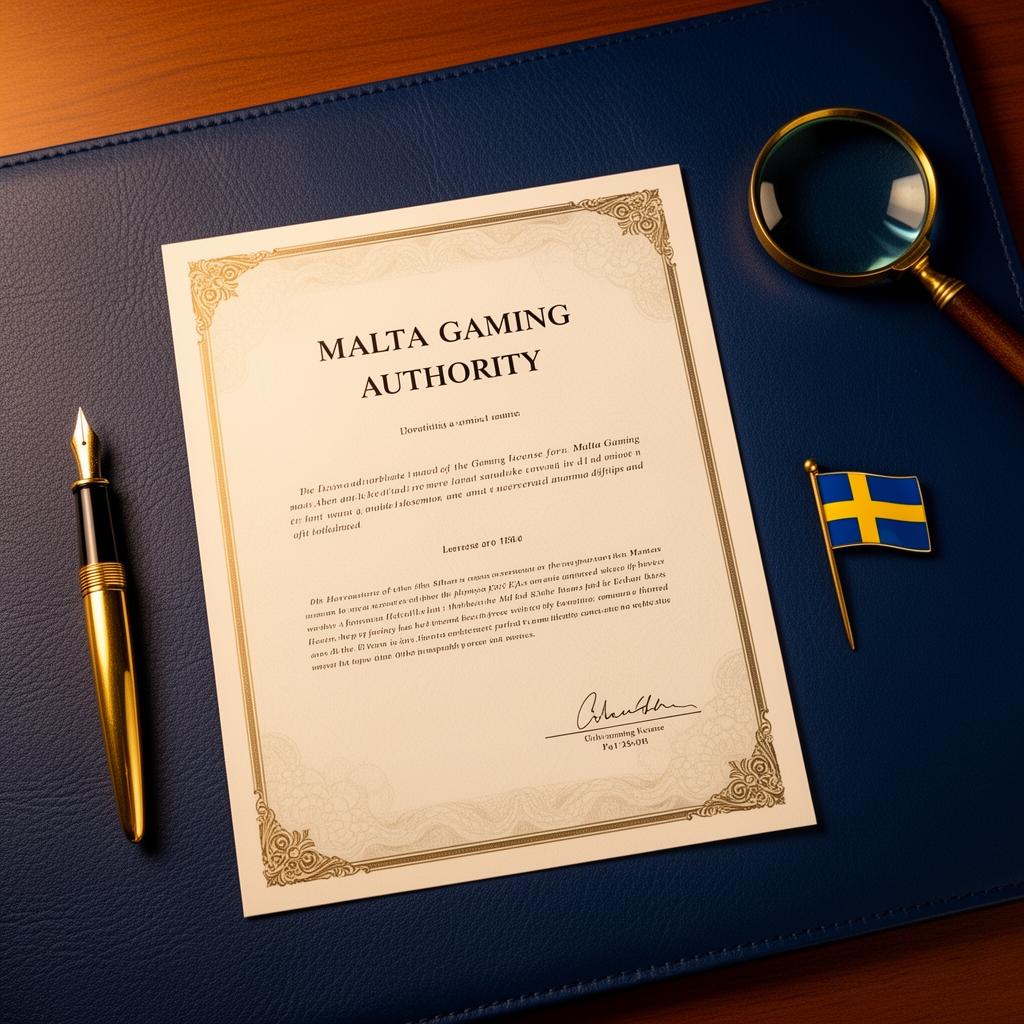 MGA-licensdokument med svensk flagga och guldpenna — den juridiska grunden