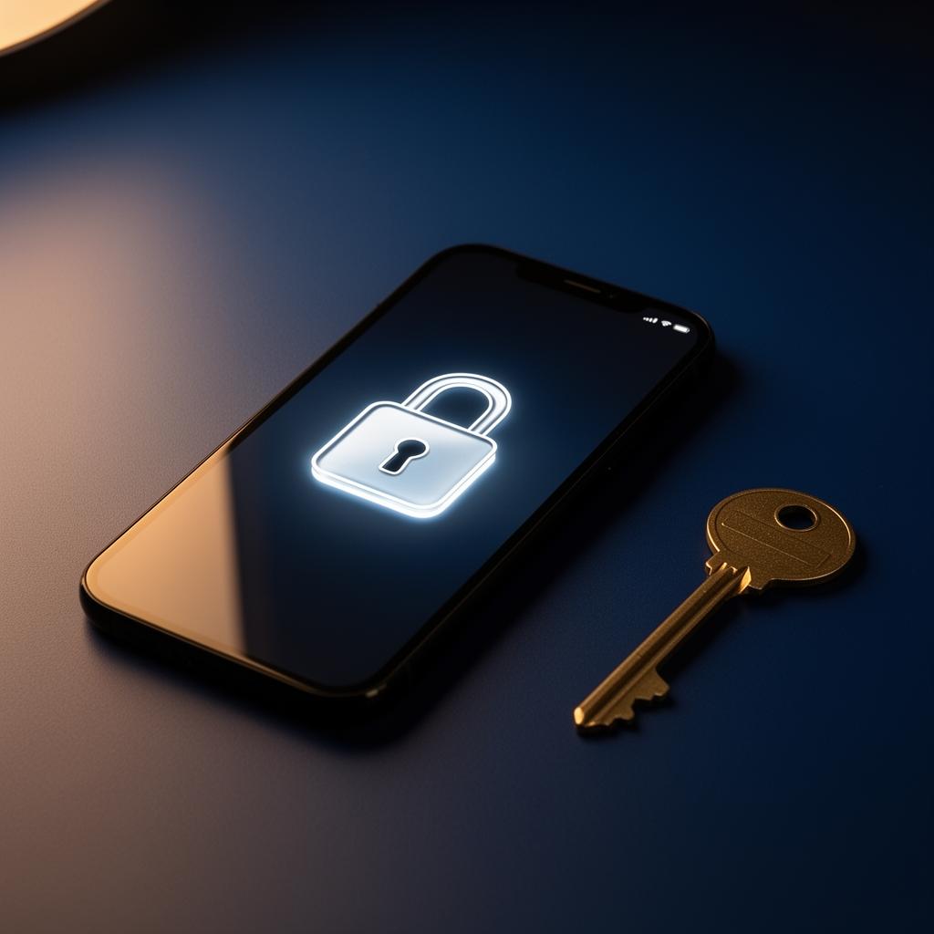 Smartphone med ett lyst hĂ€nglĂ„s pĂ„ skĂ€rmen och en mĂ€ssingsnyckel intill â Spelpaus som digital lĂ„sning